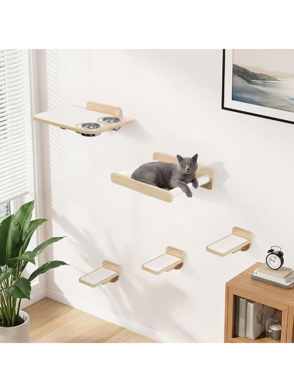 Space-Saving Cat Wall Shelves with Hammock & Dog-Proof Feeding Station - Natural